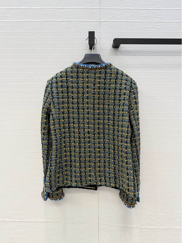 Spring Autumn Fashion Vintage Plaid Knitting Straight Barrel Jacket Women's O-Neck Long Sleeve Button Multi Pocket Casual Coat