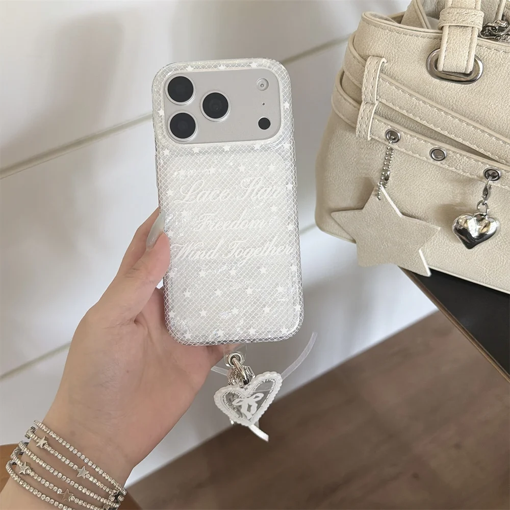 White Mesh Lace Star Phone Case For iPhone 15 16 17 Pro Max Elegant Cursive Letter Pattern With Charm Chain Shockproof Cover