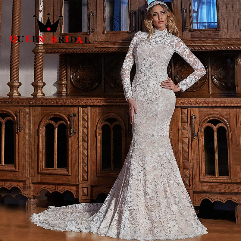 

Classic Appliques Lace Wedding Dresses Long Sleeve O Neck Pearls Mermaid Floor Length Bridal Gowns Robe De Mariée Custom Y50X