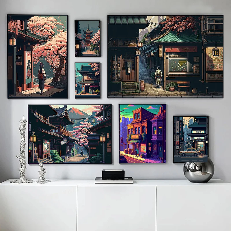 Japan Pixel Building View Street Landscape Wall Art Canvas Painting Comics Poster Printsfor Living Room Home Decor Picture