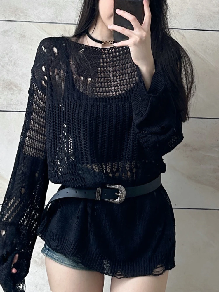 HOUZHOU Y2k Sweater Women Streetwear Hollow Out Loose Knitted Pullovers Balck See Through Long Sleeve Top Gothic Korean Fashion