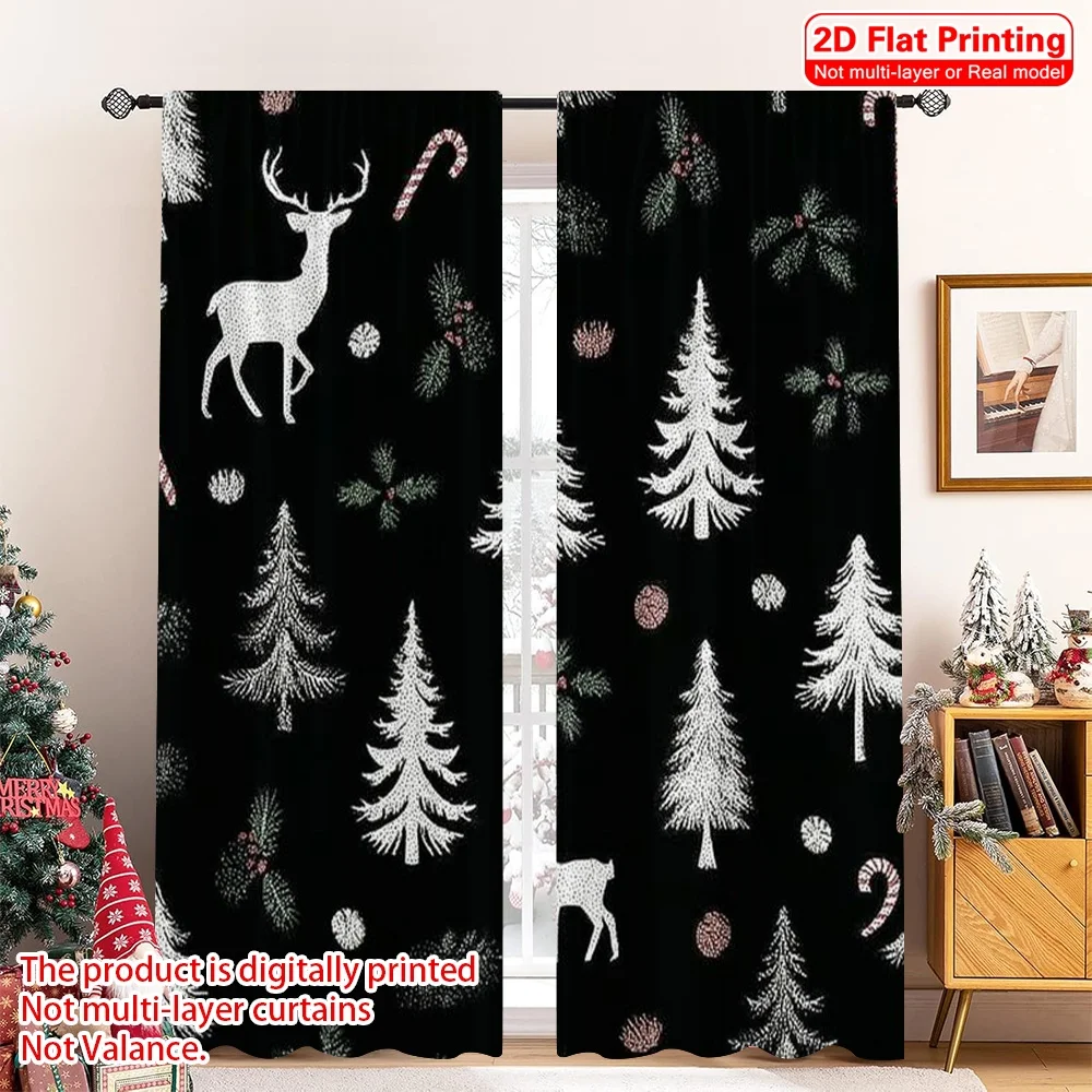 

2pcs 2D flat printing Merry Christmas Popular Drapes Christmas Tree & Reindeer Versatile Polyester Without Electricity Spring