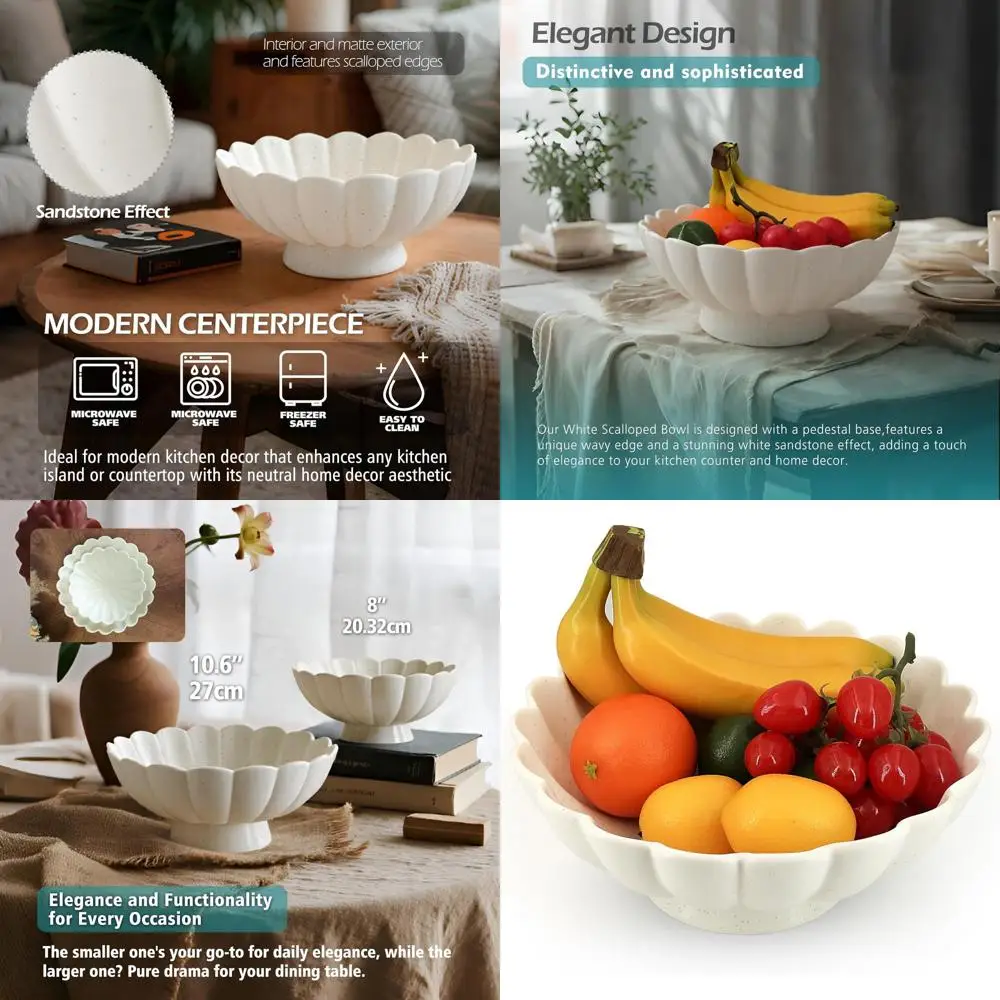 

10.6 White Ceramic Decorative Bowl with Fluted Edges - Elegant Pedestal for Kitchen, Entryway, and Gifts