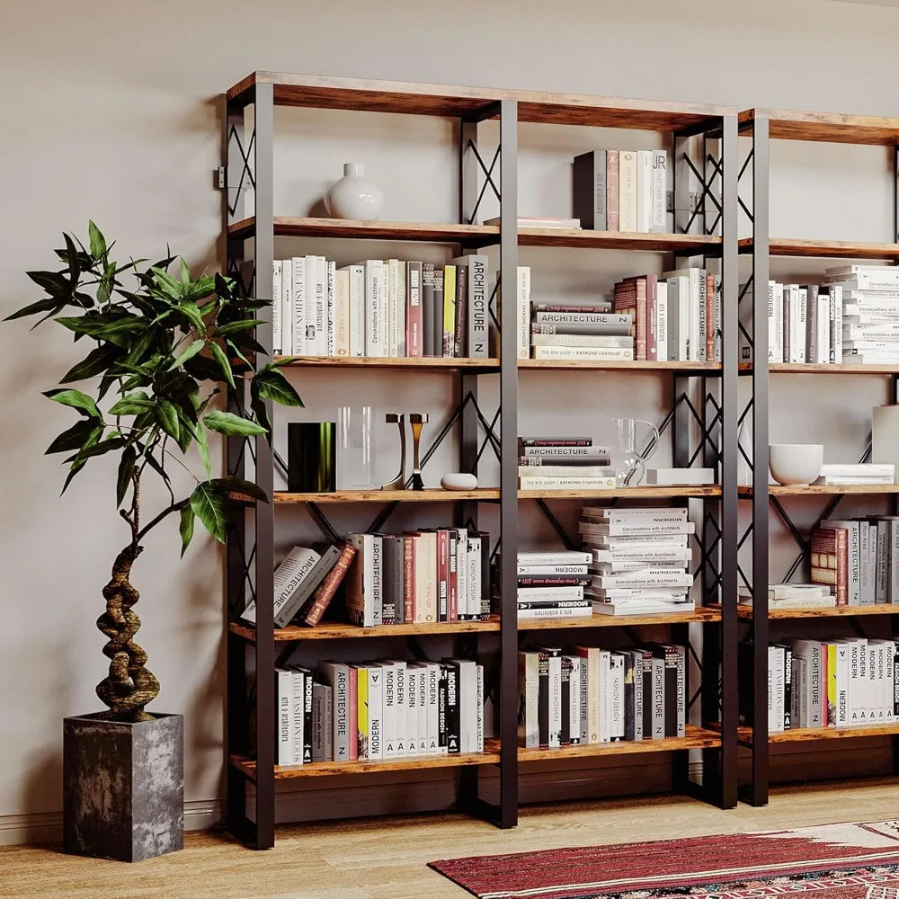 Bookshelf Double Wide 6-Tier 76" H, Open Large Bookcase, Industrial Style Shelves, Wood and Metal Bookshelves for Home Office,