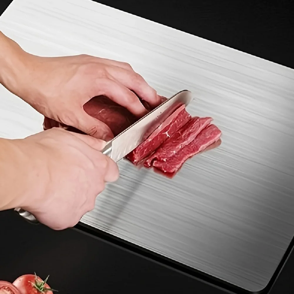 

1 упаковка: Двусторонняя разделочная доска из нержавеющей стали с ручкой, пищевая, для нарезки мяса, фруктов и овощей