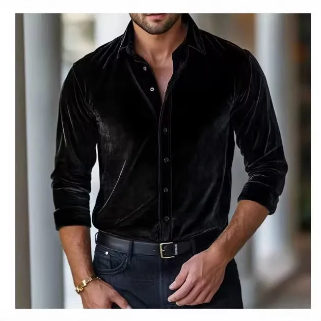 2026 Fashion Spring New Men's Casual Long Sleeve Solid Color Velvet Shirt