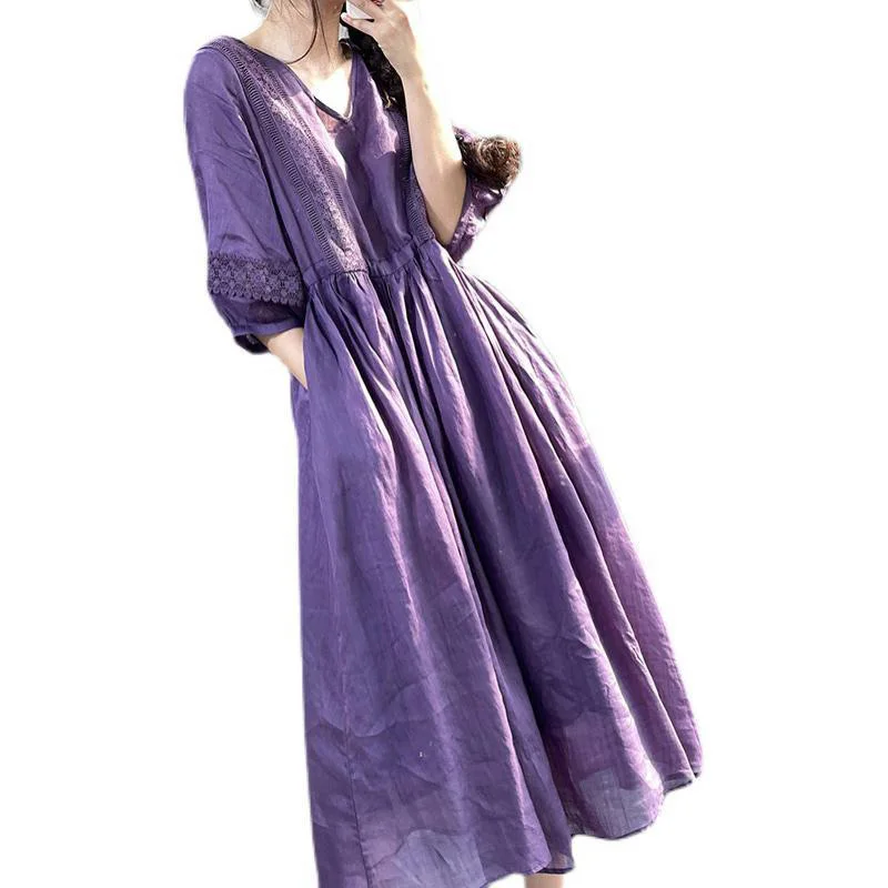 Fashion Solid Color Spliced Loose Shirring Bandage Lace Midi Dress Women's Clothing 2023 Summer New Short Sleeve Casual Dresses