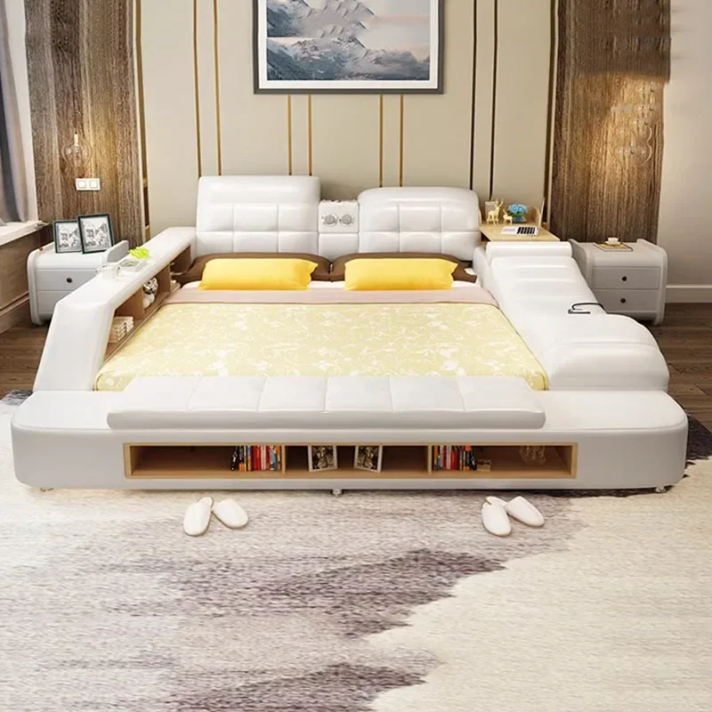 

Nordic Storage Double Bed Queen Size Cheap King Multifonction Twin Bed Frame Modern White Smart Cama Casal Bedroom Furniture