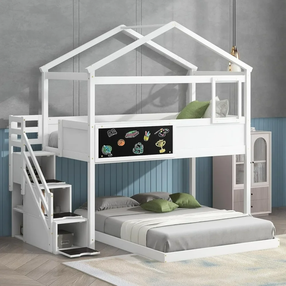 Twin Over Full House Bunk Bed with Stairs and Blackboard, Wood Floor Bunk Bed Frame with Storage Staircase, for Kids Teens