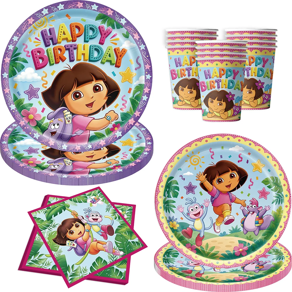 Articles de fête Dora l'exploratrice, ensemble de vaisselle jetable, assiettes en papier, gobelets, serviettes, nappe, décorations et cadeaux pour fête d'anniversaire d'enfants