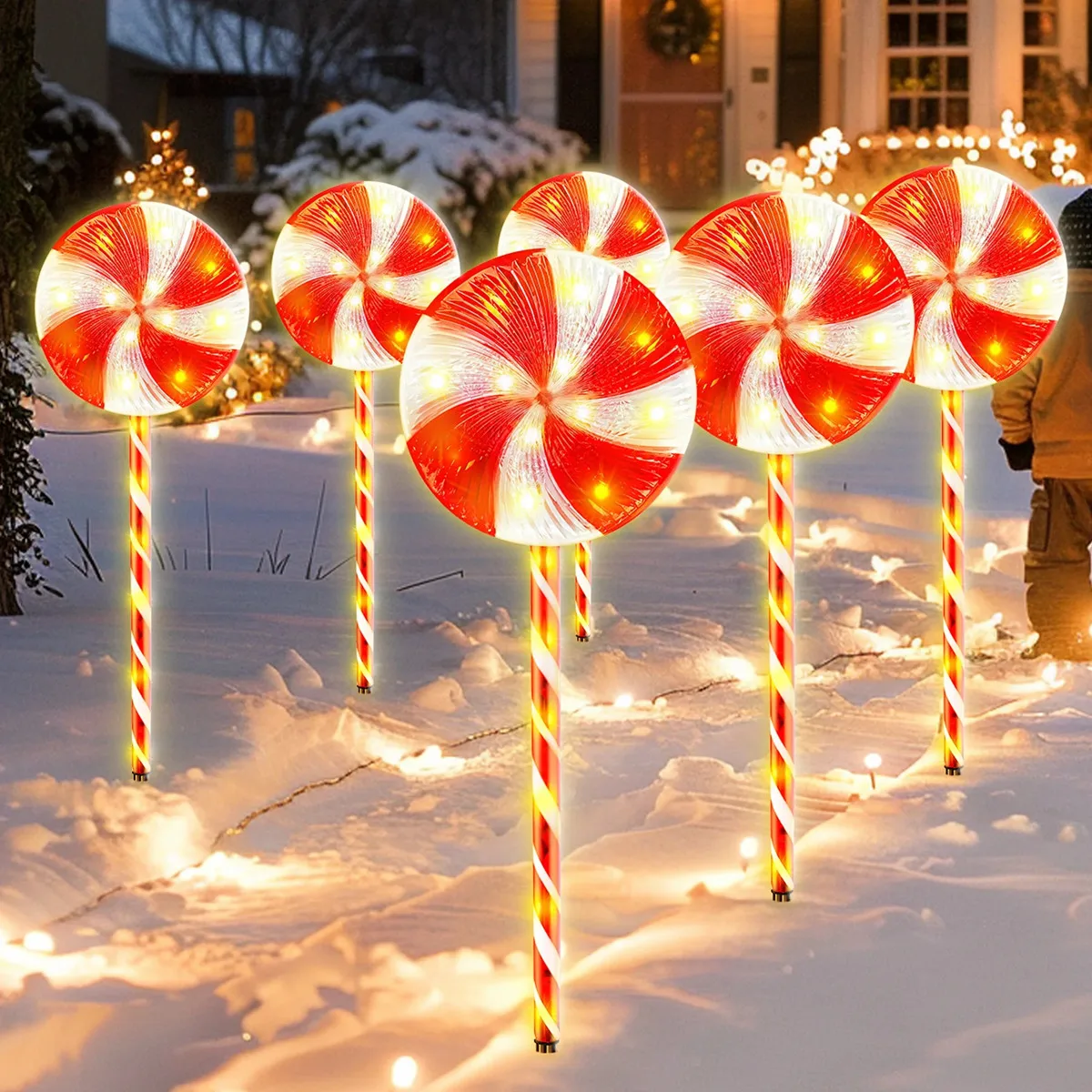 5Pcs/set Solar Candy Cane Lollipop Stake Lights 8 Modes Warm White For Garden Pathway Yard Lawn Outdoor Christmas Decoration
