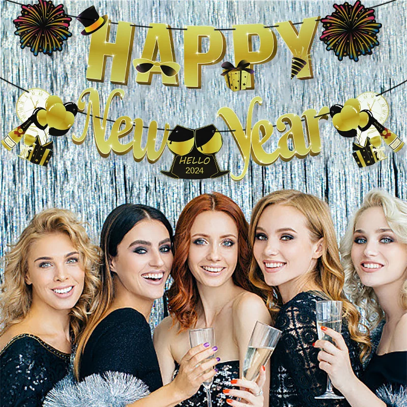 1set Happy New Year Flag Pulling Birthday Theme Party Decoration Supplies Happy New Year 2024 Paper Banner For Xmas Navidad Gift