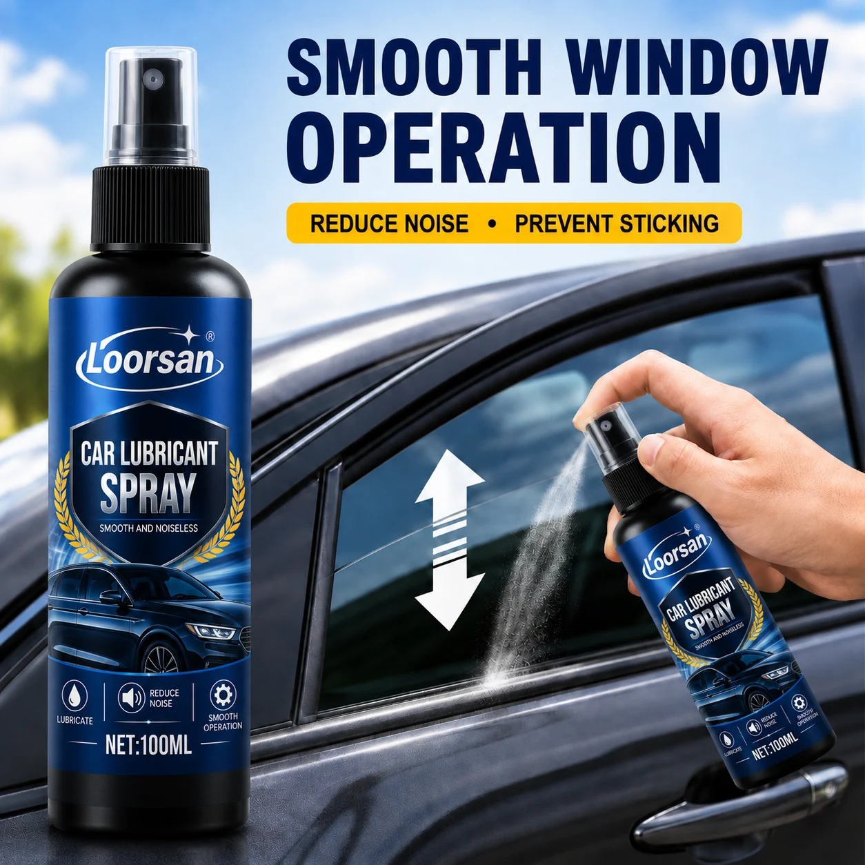 Loorsan Lubricant Spray Car Window Sunroof Glass Track Noise Reduction Smooth Operation Care With Sponge 100ML