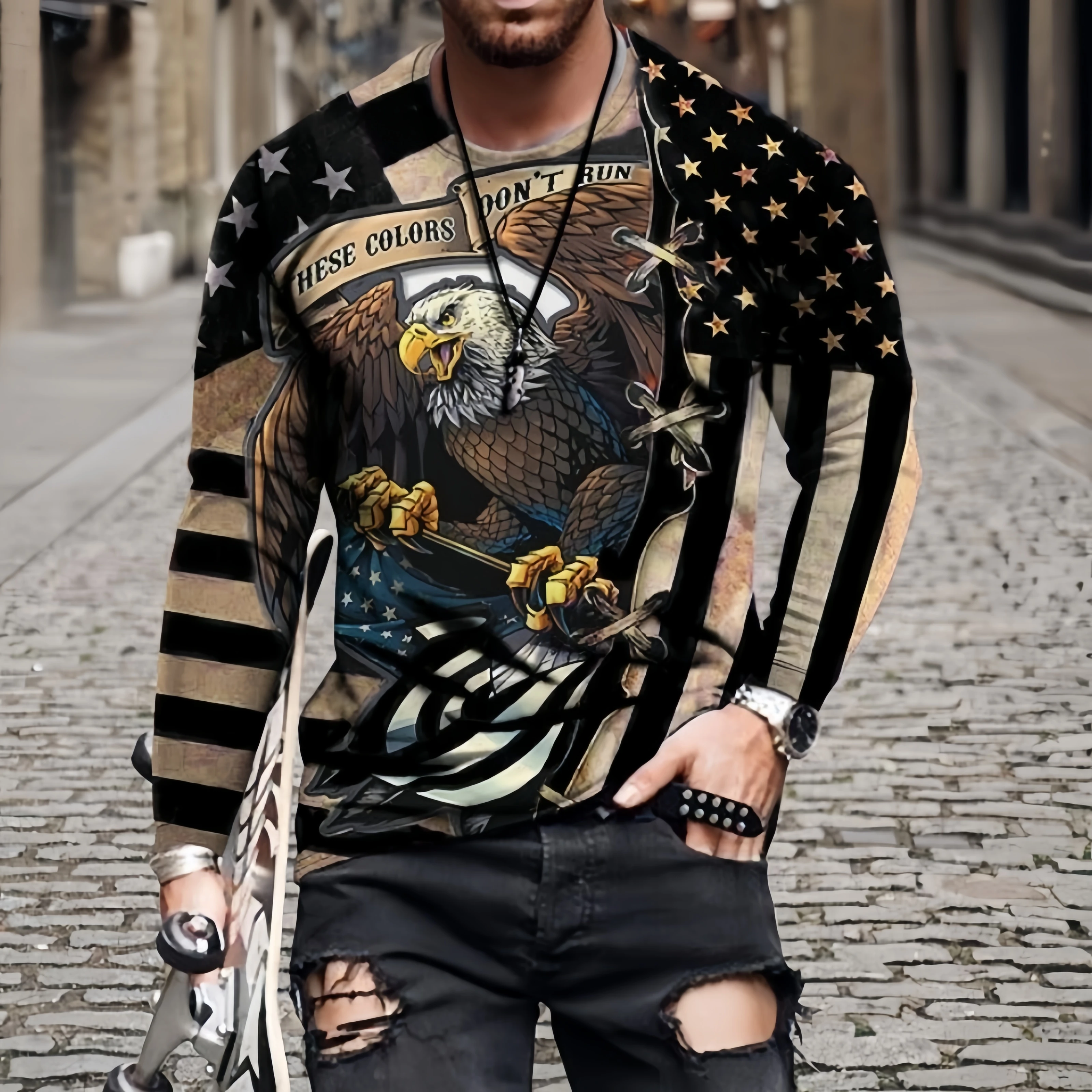 

Fashion American Style Eagle Graphic 3D Printed Long Sleeve T Shirt For Men Casual Street Tee Autumn Loose Comfortable Daily Top