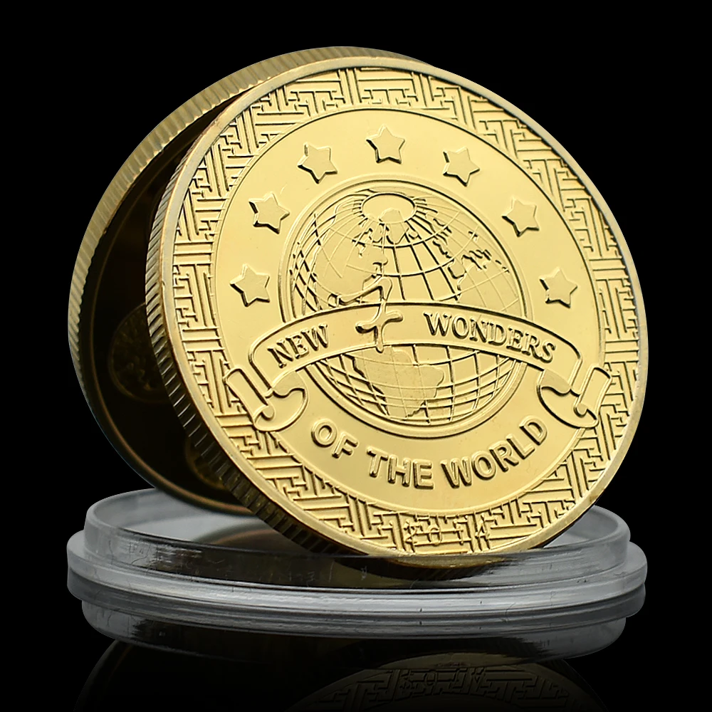 New Seven Wonders of The World Gold Plated Coin Collectibles The Great Wall Petra Cristo Redentor Machu Picchu Taj Mahal Medal