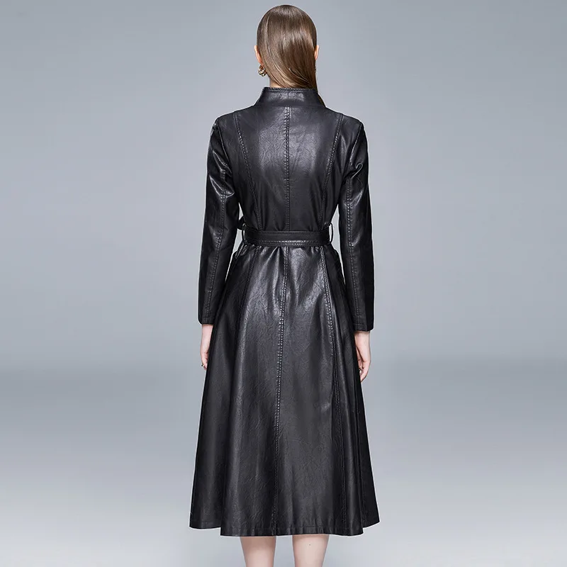 Autumn new leather jacket women's long leather windbreaker stand up collar slim fit Korean version temperament coat