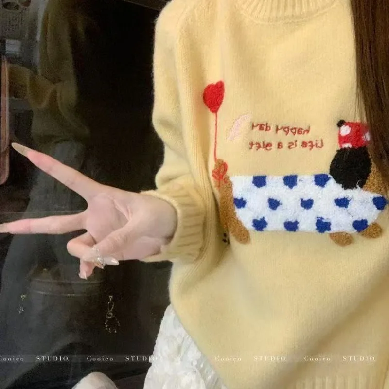 Korean Blue Puppy Towel Embroidered Raccoon Velvet Sweater for Women in Autumn and Winter Loose Outerwear Knitted Top