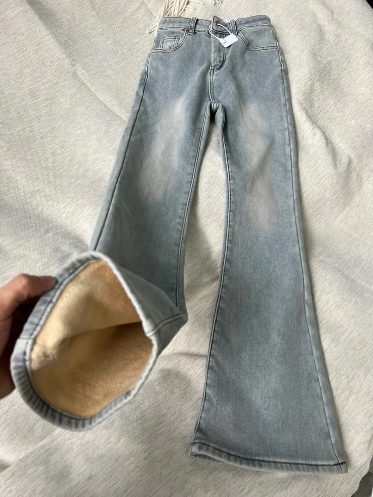 

Light Blue Fce Lined High Waist Bell Bot Jeans Women's plus Size Thiened Elastic Slimming Long Pants Casual Sle