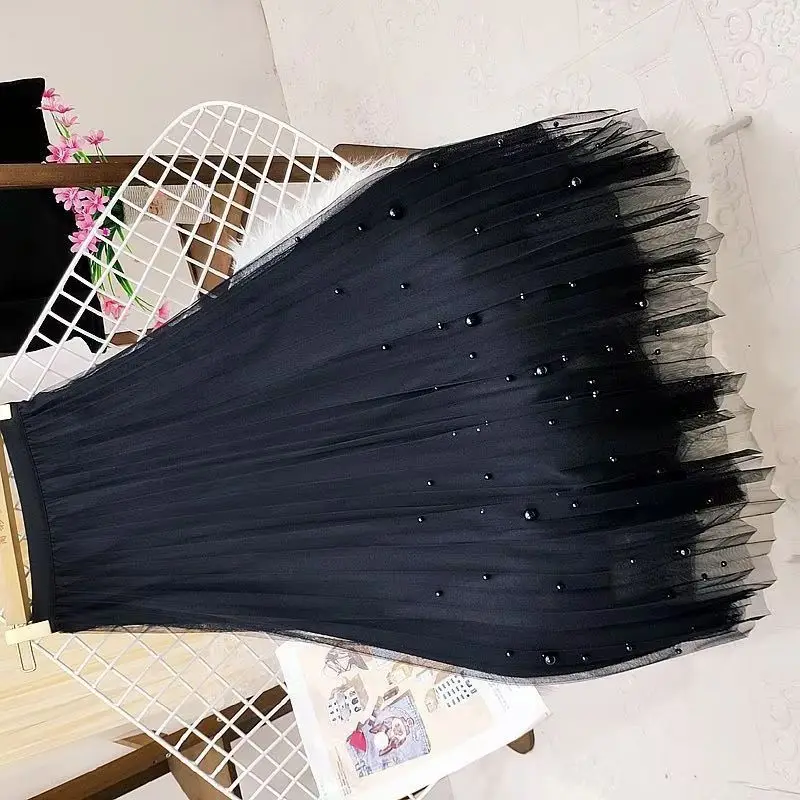 Pink Heavy Lndustry Beaded Mesh Skirts Female Temperament Fairy Pleated Skirt Medium Long A-shaped Skirt Gray Blue