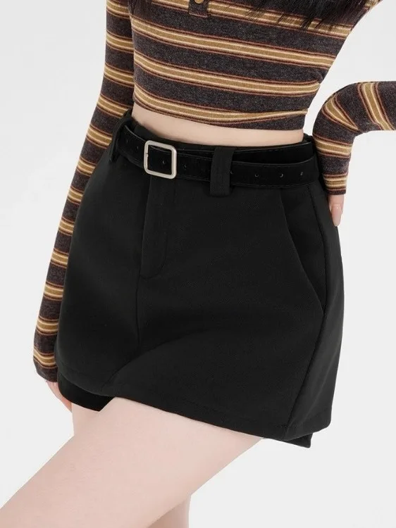 Gray Woolen Suit Short Pants Skirt Women's Outerwear Autumn Winter Booty Tight Half Skirt High Waist Commute Style Polyester ...