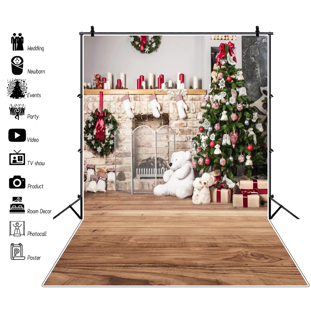 Christmas Backdrop for Photography 2023 Fireplace Xmas Tree Wood Floor Window Winter Baby Birthday Family Party Photo Background