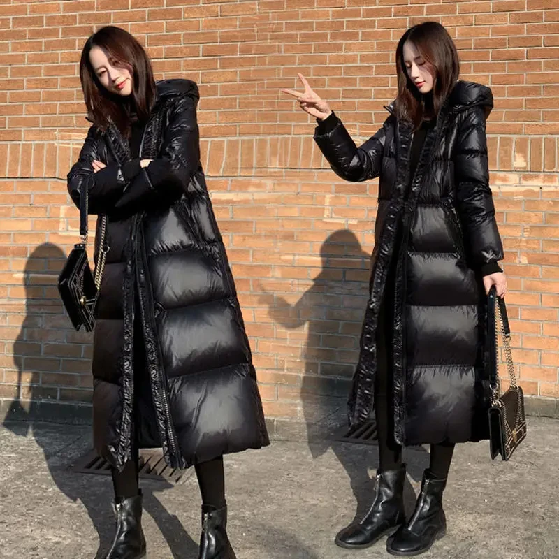 Black Glossy Parka Coat Women\'s 2023 Fashion Thicken Winter Hooded Loose Long Jacket Female Windproof Rainproof Warm Outwear
