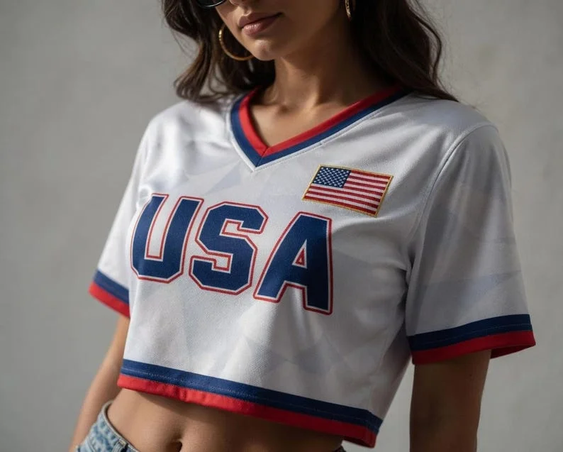 2026 New USA Flag Printed V-neck Short T-shirt Summer Women Football Style Support Top T-shirt Street Trendy Women's Top