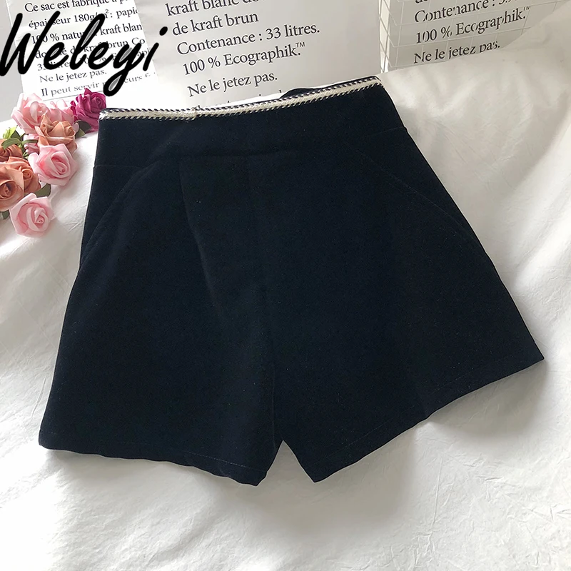 Autumn Korean Style Contrasting Color Zipper Shorts Woman Trendy Temperament Office Slim-fitting High-waisted Wide-leg Hot Pants