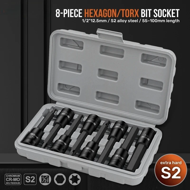 

For Efficient Automotive Repairs Complete Bit Socket Set 8-Piece With S2 Alloy Steel Features Sae And Metric Sizes