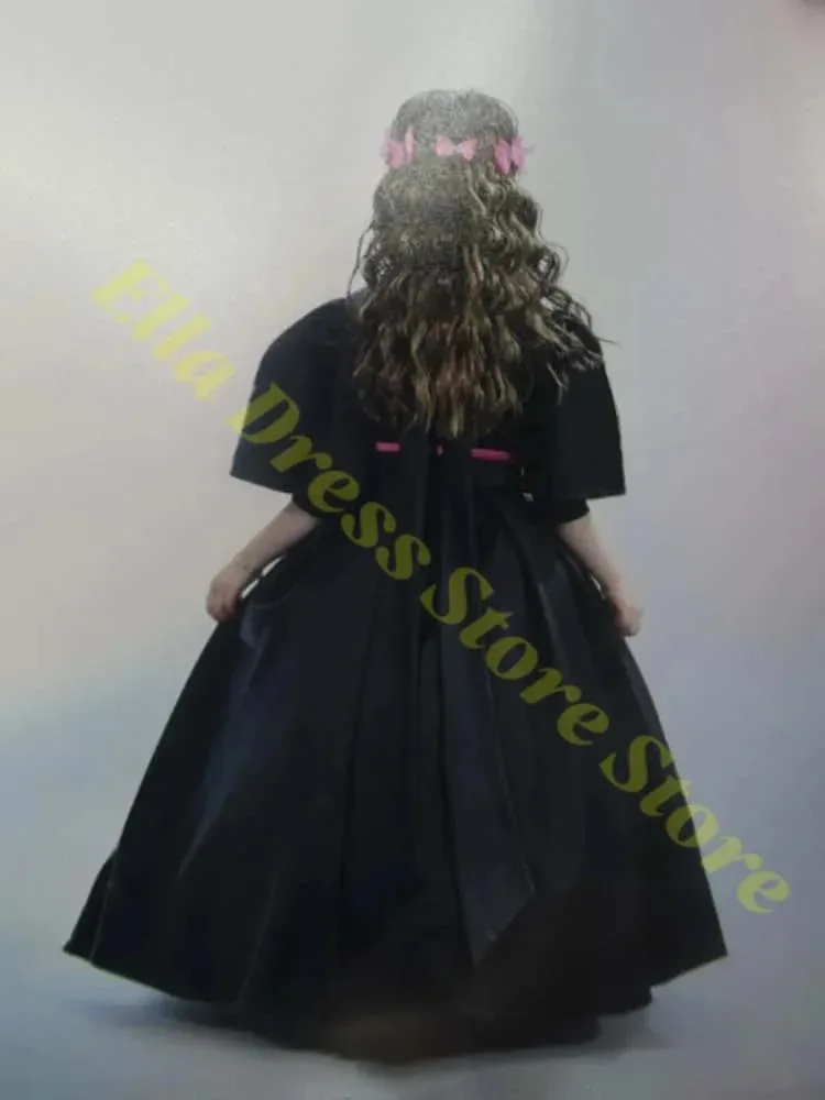 Großhandel Mädchenkleid Schwarzes Partykleid für Mädchen Puffärmel Drapierter Taft Blumenmädchenkleid Knöchellanges Kommunionkleid Maßanfertigung – Detail 2