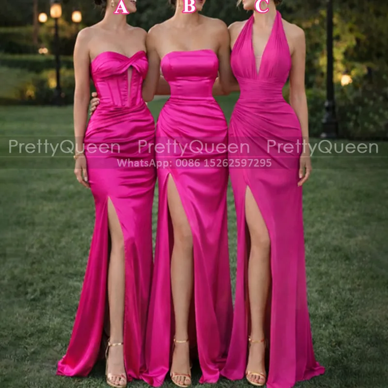 Hot Pink Bridesmaid Dresses Long Mermaid Side Split Strapless V Neck Customized Sheath Wedding Party Dress Maid Of Honor