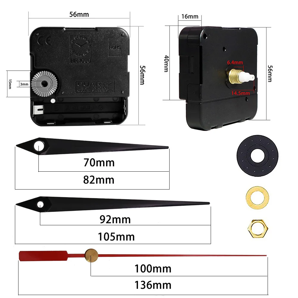 24 Hour Movement For 1-4mm Clock Panel Shaft  0.57 Inch Red Second Hand 10 Inch Dial Metal Pointer Repair Parts DIY Clock Kit