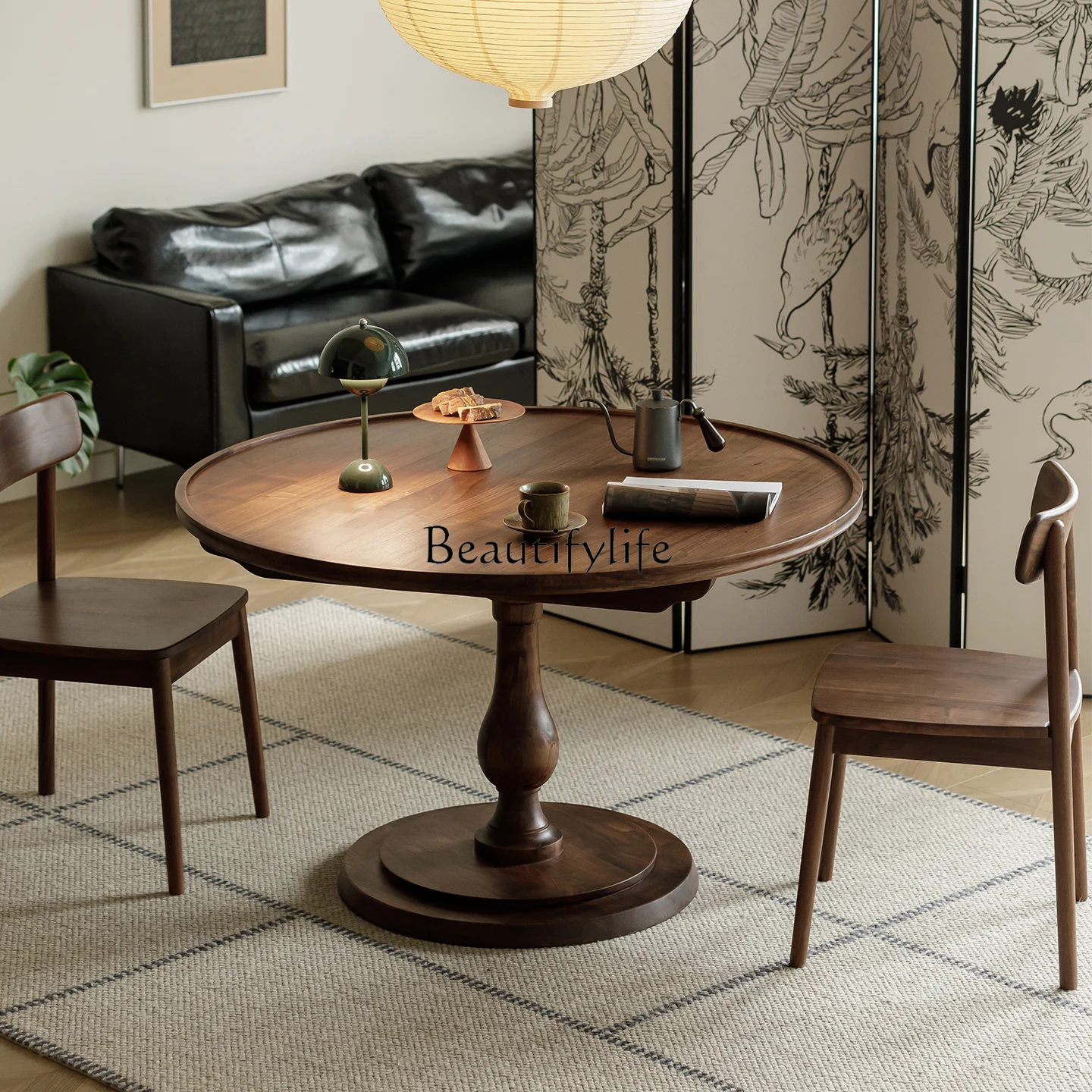 

3-North American black walnut solid wood small round table French retro round dining table coffee table