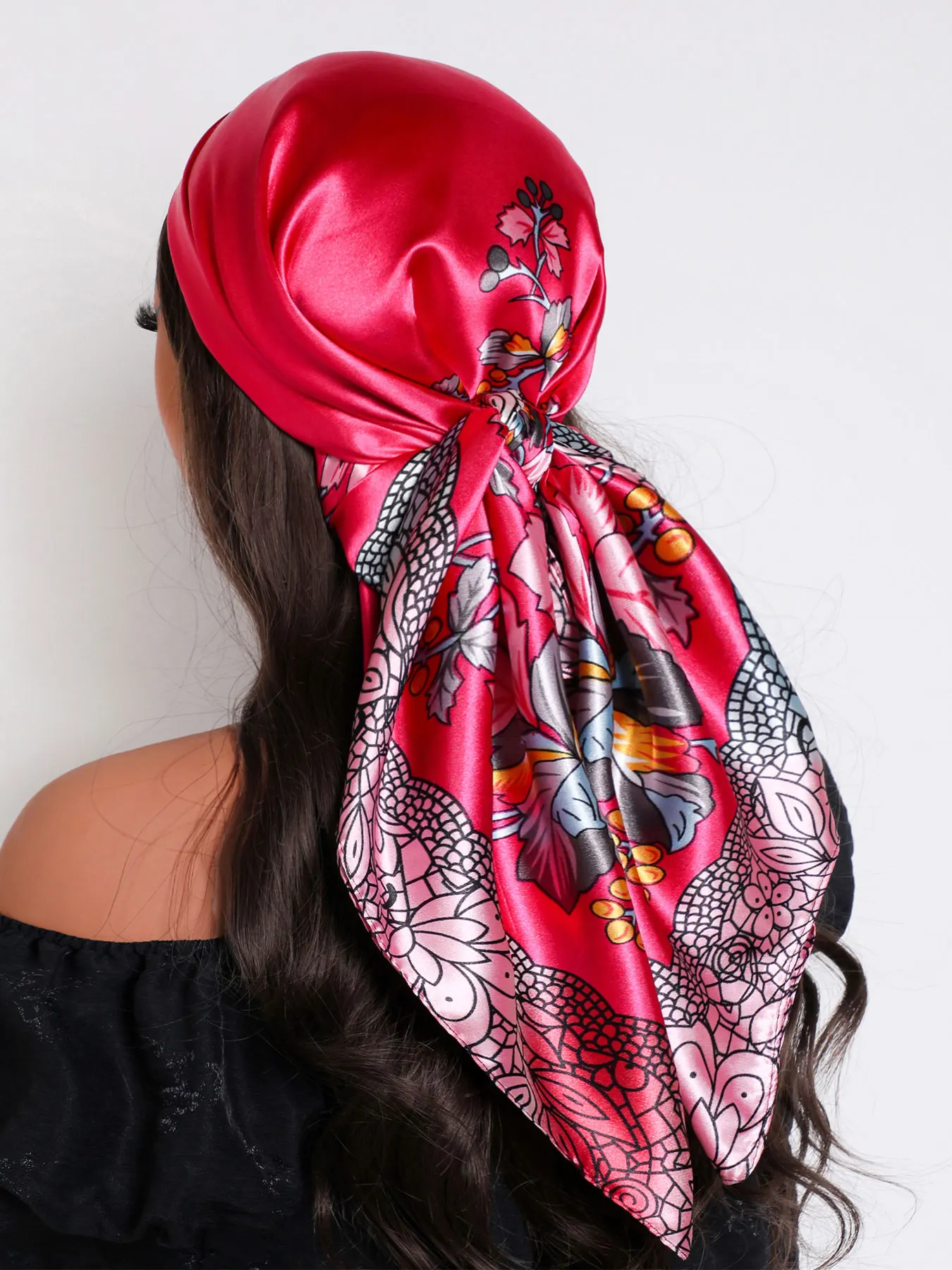 Vintage Floral Lace Print Satin Square Scarf 90x90cm, Women Large Headscarf Neck Shawl Multi‑use Bag Accessory Gift