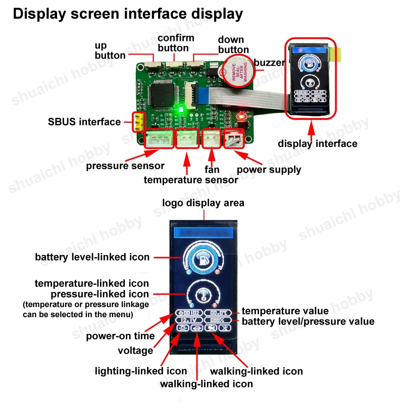 Moduł symulacyjny ekranu wyświetlacza do modelu koparki hydraulicznej RC w skali 1/14, obsługuje wykrywanie czujnika ciśnienia, zasilanie 2-3S.