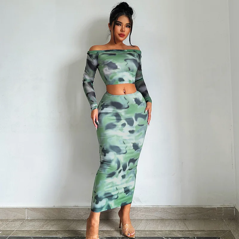 

Summer Women's One-Shoulder Long-Sleeved Short Top And Printed Long Skirt Suit Fashion Casual Lady Slim Two-Piece Set