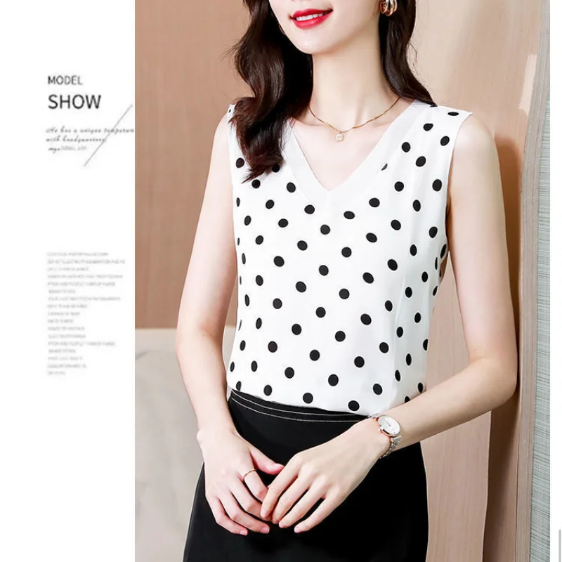 Polka Dot Chiffon V-neck Tanks Summer New Sleeveless Plus Size V Neck Loose Elegant T Shirt Tops Vintage Office Women Clothing