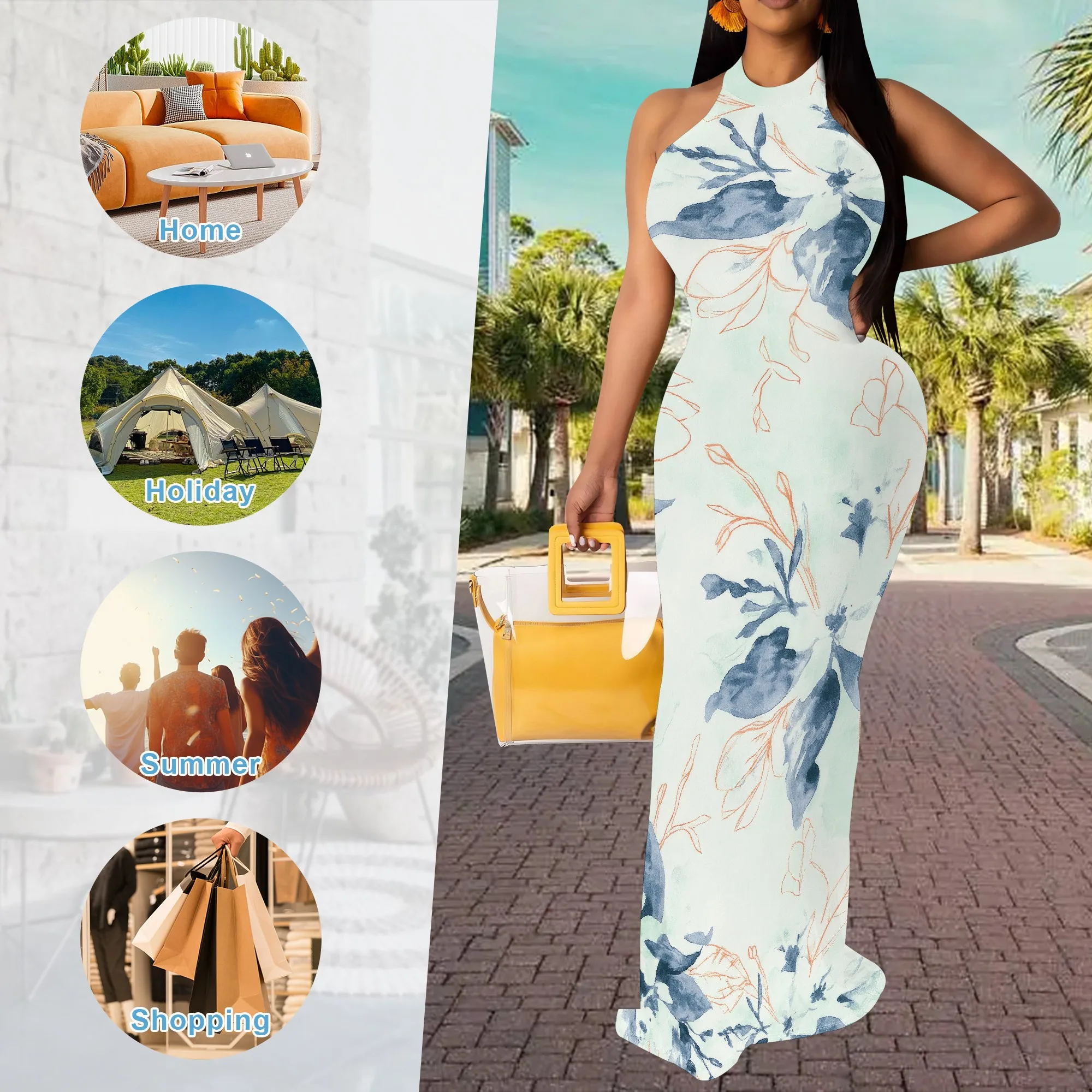 ผู้หญิงเซ็กซี่Bodycon MaxiชุดTie Dye Beachฤดูร้อนชุดHalter BacklessวันหยุดยาวSundress