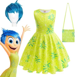 Disney Movie Inside Out Joy Plays Costume Green Printed Dress For Girl Kids Summer Clothes Carnival Party Frocks