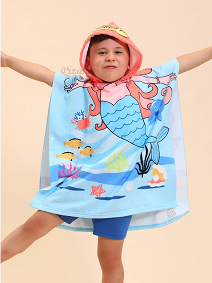 Toddler Baby Girls Hooded Bath Towels Mermaid Animal Cartoon Children\'s Cloak Beach Towels Quick Dry Soft Comfortable Towels