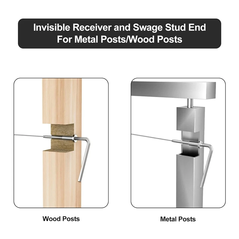 50 pak Kit pagar kabel tidak terlihat, T316 baja tahan karat 1/8In tidak terlihat penerima dan Swage Stud untuk pagar kabel