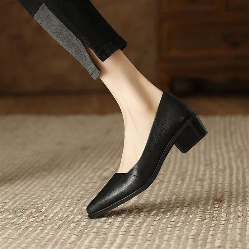 New Spring/Summer Women Shoes Pointed Toe Chunky Heel Shoes for Women Handmade Genuine Leather Women Pumps Zapatos De Mujer