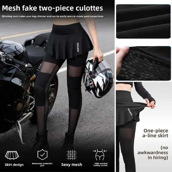 WOSAWE Women Motorcycle Riding Pants Summer Breathable Mesh Skirt Leggings with Removable Knee Pads Slim Moto Biker Gear