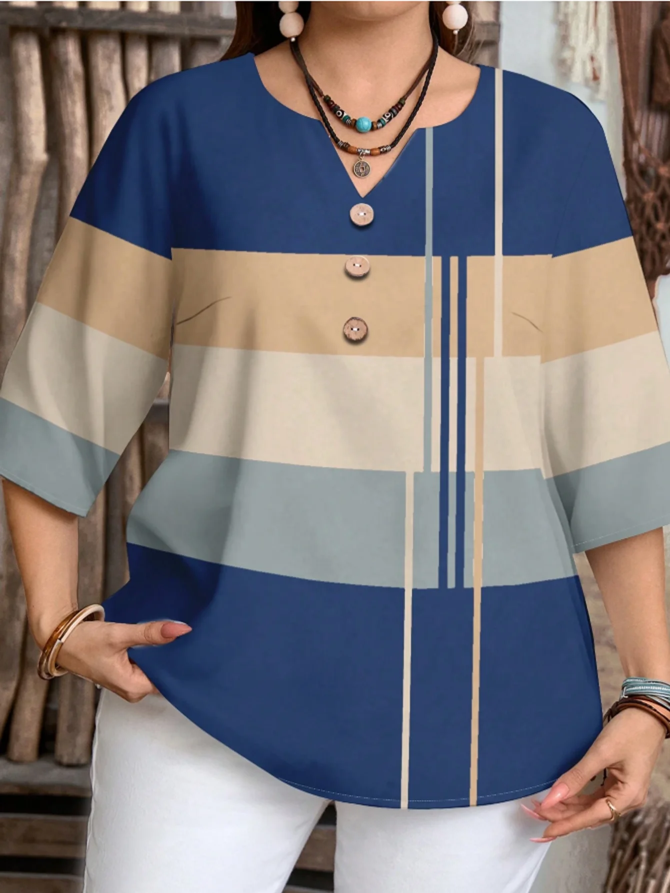 Plus-Size Damen Color-Block Minimalistisches Casual Kurzarm-Shirt Gestreiftes Halbarm-Oberteil Geeignet für Sommer und Herbst – Detail 7