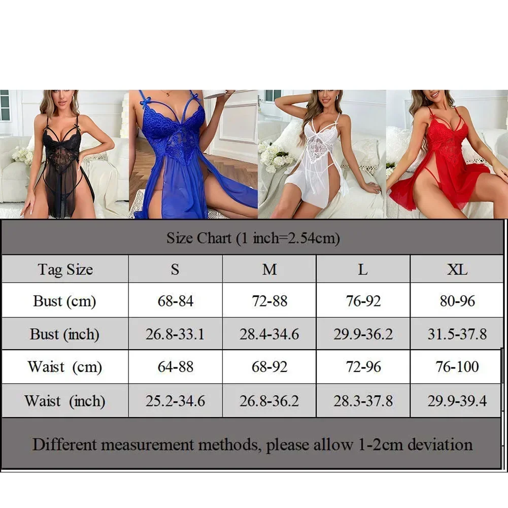 Sexy Women Lace Crotchless Lingerie Nightgown Thong Set Erotic Dress Underwear Temptation Camisole Transparent Ladies Sleepdress