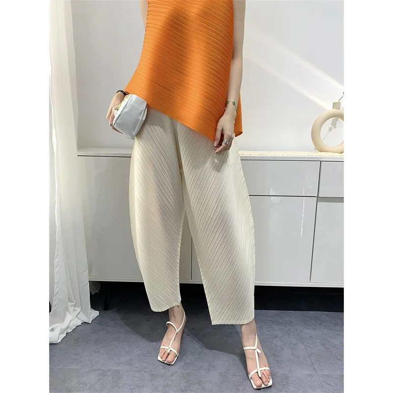 PLUS ขนาดกางเกงกางเกงกางเกง Miyake หลวมสบายอเนกประสงค์สบายๆเก้านาทีกางเกงฤดูร้อนใหม่จีบยืดผู้หญิง