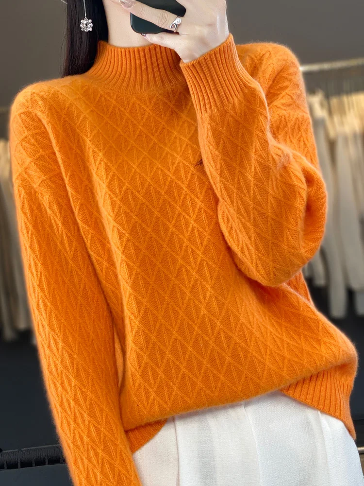 Women 100% Merino Wool Sweater Autumn Winter Mock Neck Diamond Grid Pullover Thickening Clothing Cashmere Knitwear Female Tops