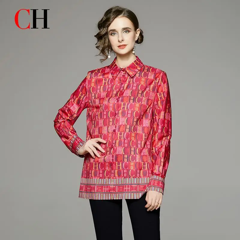 

CH Womens Vibrant Monogram Print Long Sleeve Button Up Shirt Contrast Cuff Collared Blouse Elegant Fashion Office Daily Wear