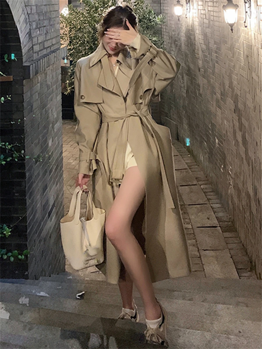 Long Trench Women Autumn Winter 2022 New Double Breasted Belted Loose Korean Jacket Office Lady Outerwear Female Fashion Coats