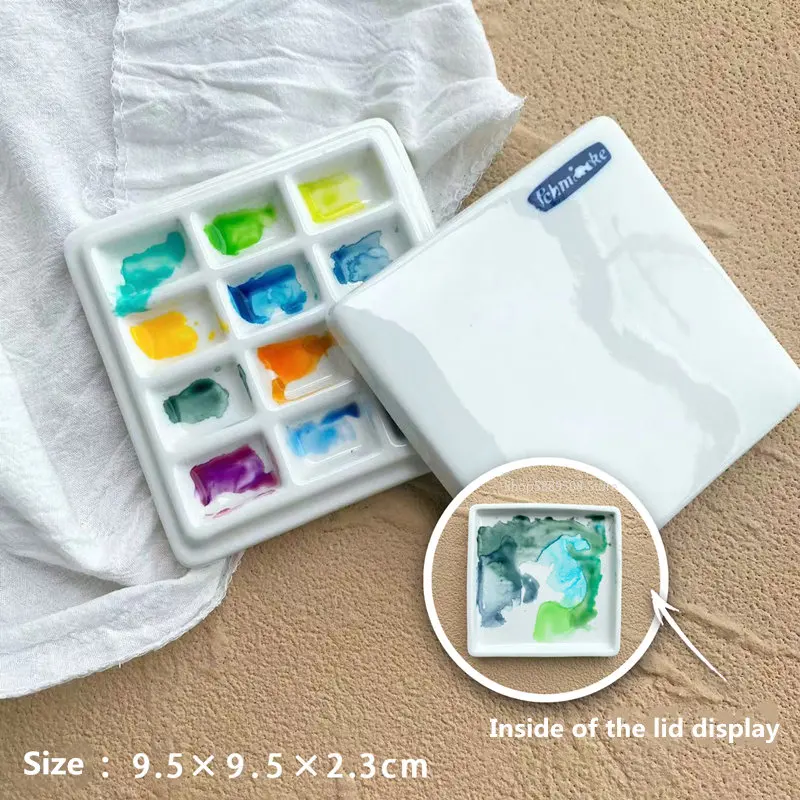 Sminky 12-color Watercolor Palette Pure White Ceramic Square Rectangular Chinese Painting Palette with Lid Easy To Clean